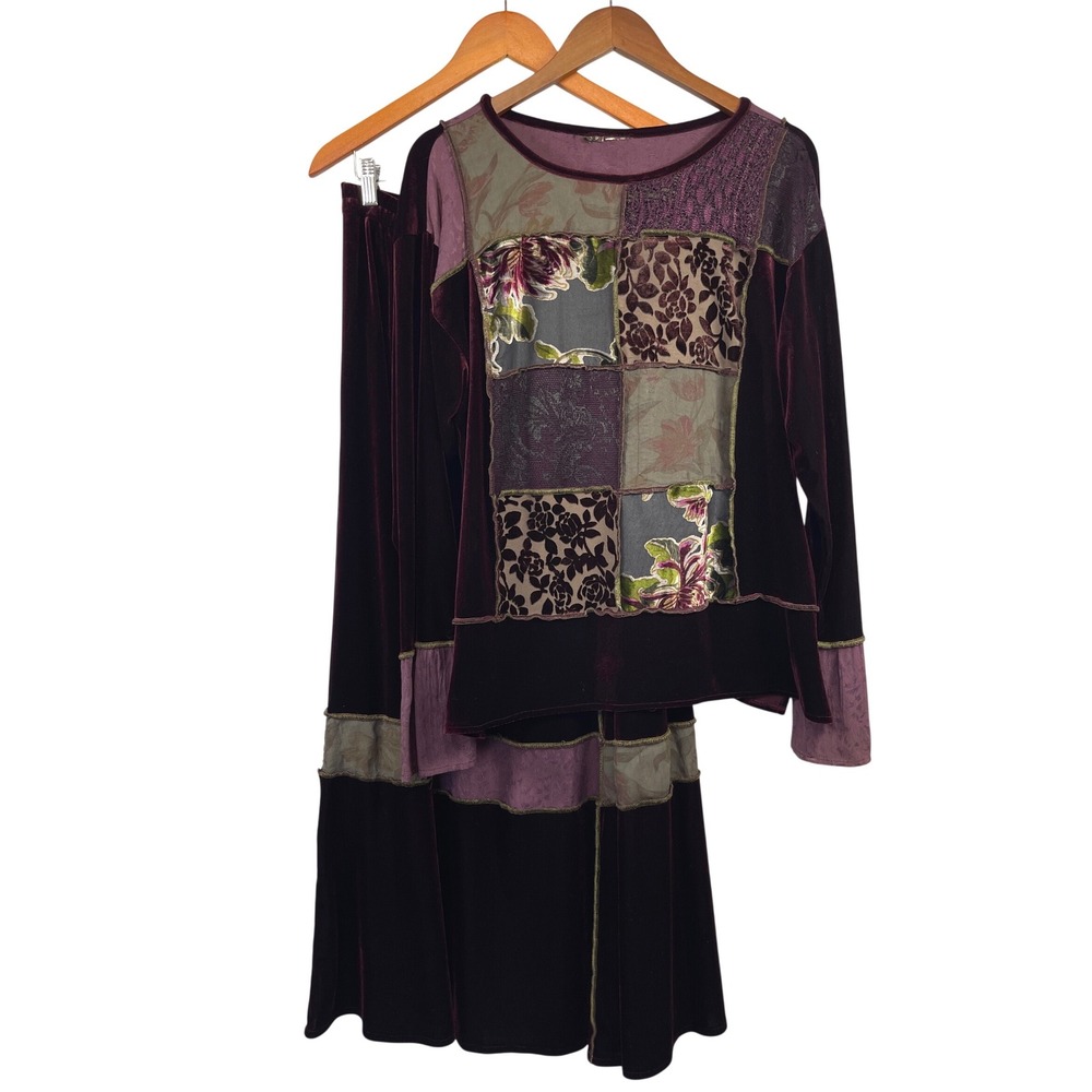 Spencer Alexis Velvet Patchwork Top Skirt Set 12 Purple Boho Artsy Eclectic VG